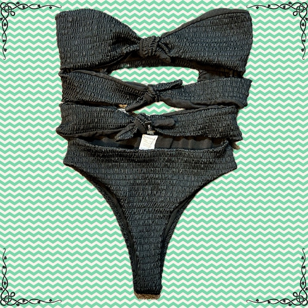 PrettyLittleThing Black Strapless Cutout Front Tie One Piece Bikini